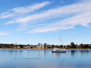 A wide shot view of the Merimbula Lake in NSW, Australia